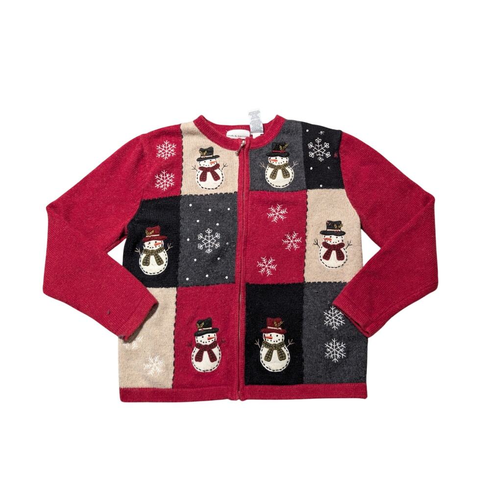 Croft & Barrow Women's Christmas Cardigan Snowman Patchwork Ramie Wool Red Zip